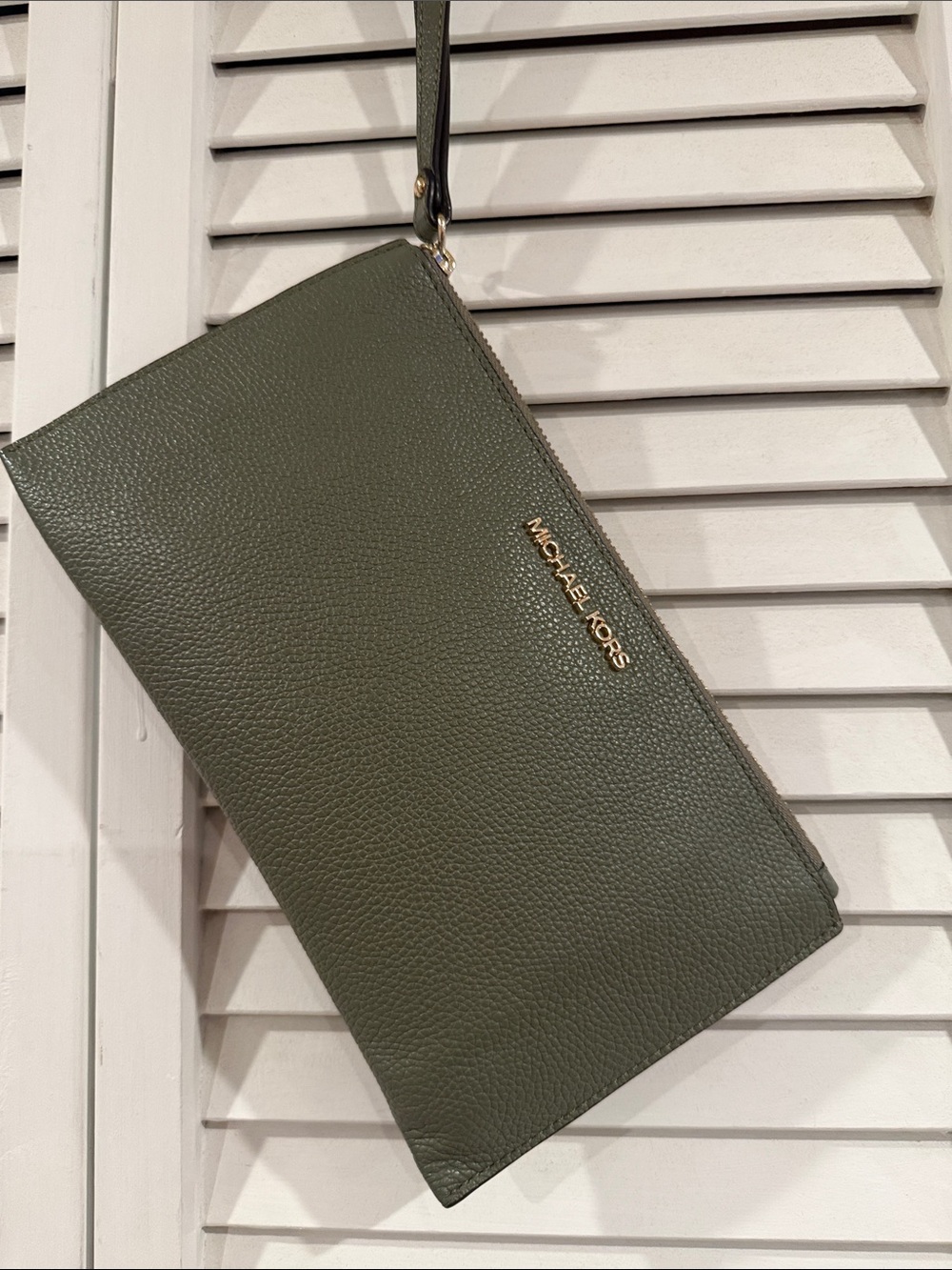 Michael Kors Olive Pebbled Leather Wristlet Clutch with Gold Logo